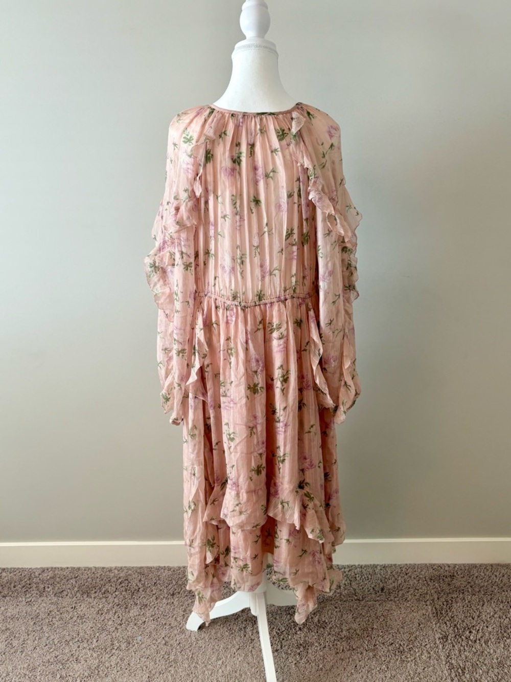 Ulla Johnson Lorelei Silk Floral Dress Size 10 Blush Pink Ruffle Sleeve Boho - Picture 5 of 8